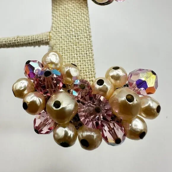 Vintage Laguna Pink Aurora Borealis crystal and Faux Pearl clip on earrings!